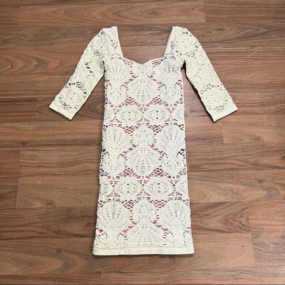 Free People Lace Mini Bodycon Dress Off White & Light Pink Womens XS - Picture 1 of 6
